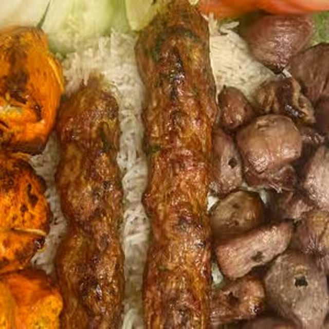 Explosion Mixed Platter with Fish Kabob.